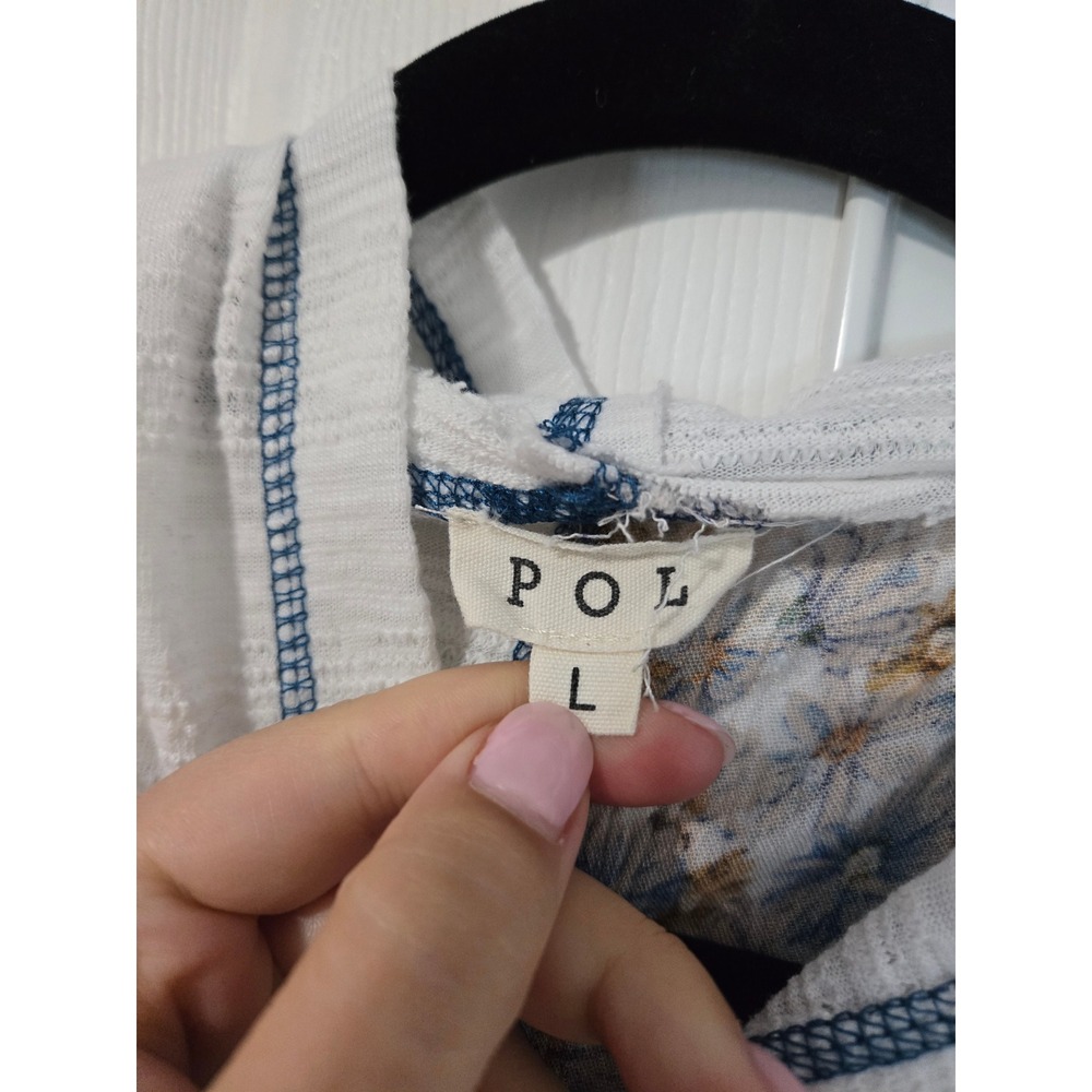 POL Boho Mixed Media Floral Crochet Lace Henley Hoodie White Blue Relaxed Top L - Picture 3 of 6